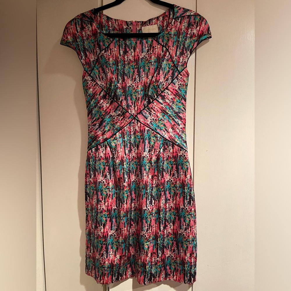 Zac Posen Silk Floral watercolor print Pink,Blue,Red Cap sleeve shift Dress 4